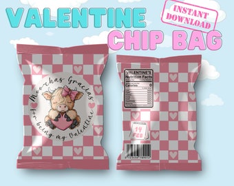 Highland Cow Moochas Gracias Valentine's Day Chip Bag, Valentine's Day Favor Bag, Instant Download, Printable Chip Bag, Digital Chip Bag