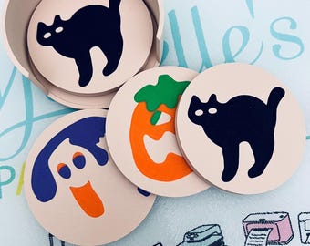 Set of 4 Halloween Sugar Cookie Coasters with Holder