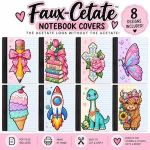 Puede incluir: Un conjunto de ocho portadas de cuaderno Faux-Cetate con varias ilustraciones que incluyen un lápiz con un lazo rosa, libros apilados, una cruz, una mariposa, un helado, un cohete, un dinosaurio y una vaca highland sobre fondos de papel rayado.