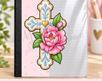 May include: A clear acetate notebook cover featuring a central decorative cross with blue and gold accents, a golden heart at its center, and a large pink peony flower with green leaves. The background is split between a light pink side and lined paper.