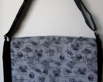 Bolso bandolera negro con estampado de música estilo retro para libros, portátiles y pañales.