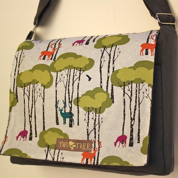 Grey DEER FOREST Print MESSENGER Book Laptop Diaper Bag