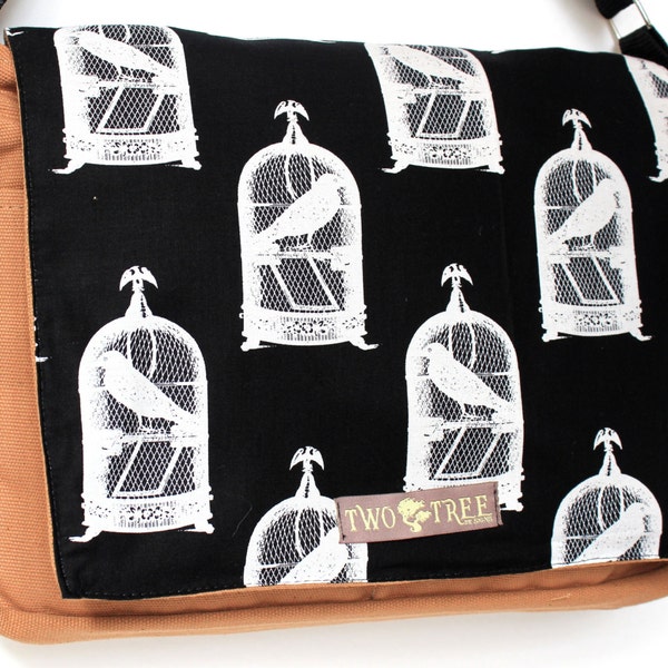 Tan Vintage BIRD In A Cage MESSENGER Book iPad Laptop Diaper BAG