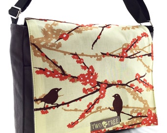 Bolso bandolera con estampado de pájaros marrones / Bolso cruzado para portátil / Bolso de lona inspirado en la naturaleza