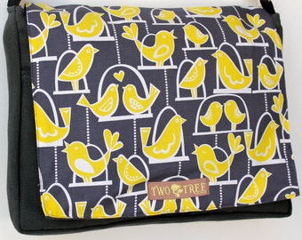 Bolso de mensajero gris y amarillo con forma de jaula para pájaros, para libros, portátiles y pañales.