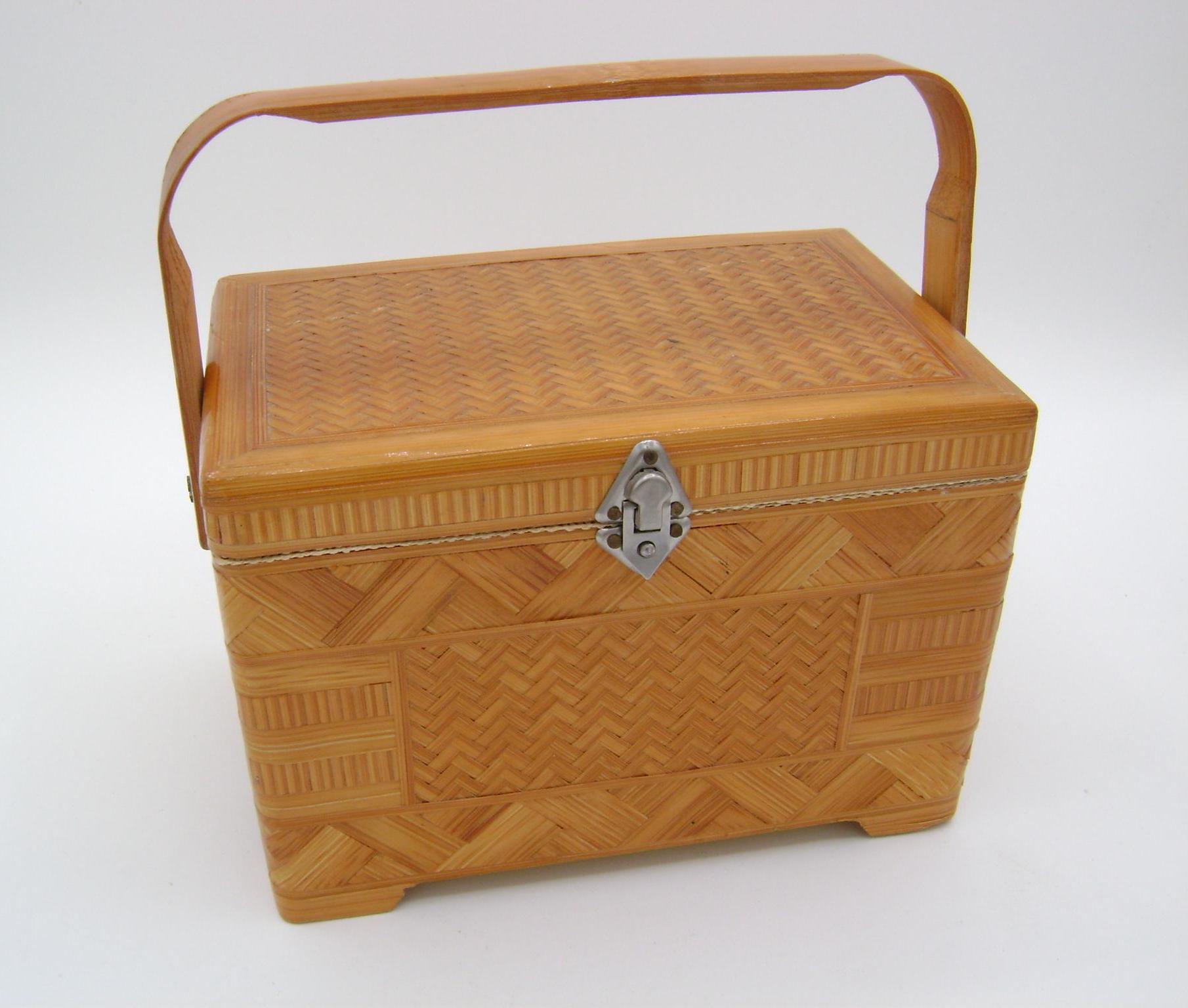 vintage bamboo jewelry case trunk box with handle and red fabric with lace inside