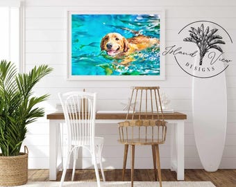 Impresión en acuarela de un golden retriever: Arte de perro nadador (descarga digital)