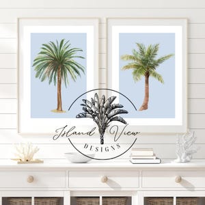 Palm Tree Wall Art Poster Print - Home Decor - Blue and White Pair - Farmhouse, Hamptons or Coastal Style - Printable Art Print
