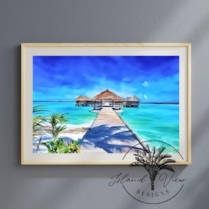 May include: A watercolor painting of a tropical island scene with a wooden walkway leading to a group of overwater bungalows. The water is a vibrant turquoise blue and the sky is a bright blue with white clouds.