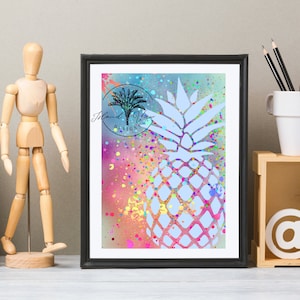 May include: A digital art print featuring a blue pineapple with a colorful splatter paint background. The print includes the text "Island View Designs".