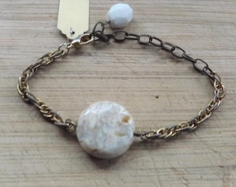 Brass Chain Agate Adjustable Bracelet Cloud Faceted White Stone Dangle