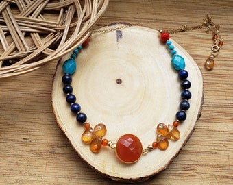 New Mexico Love Necklace // Carnelian Lapiz, Hessonite Turquoise Vermeil