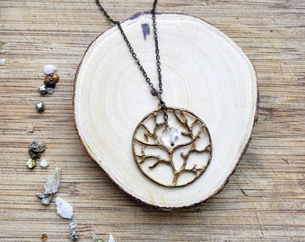 Moon Through Branches Necklace // Brass Crystal Necklace // Full Moon