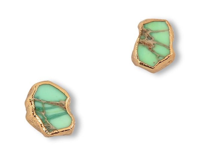 Turquoise Green Stud Earrings, 18k Gold Dipped Gemstone Earrings