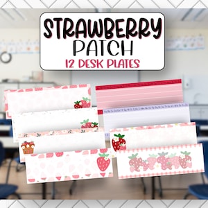 May include: Twelve pink and white desk plates with a strawberry theme. The plates feature different strawberry designs, including a basket of strawberries, a row of strawberries, and a single strawberry. The text "STRAWBERRY PATCH" and "12 DESK PLATES" is printed in pink and white on the top of the image.