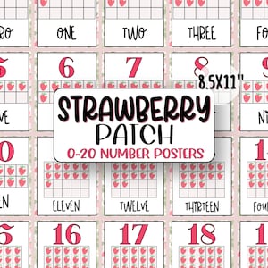 May include: A set of 20 printable posters featuring strawberries and numbers from 0 to 20. Each poster has a number, the word for the number, and a grid of strawberries representing the number. The posters are designed for use in a classroom or home learning environment.