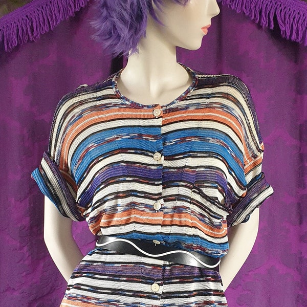 Vintage 1970s Summer Stripe Fishnet Knit Top - Made in Italy