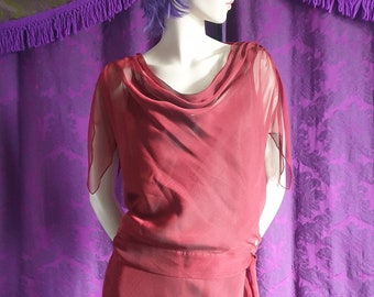 Iridescent Red and Black Chiffon Blouse and Bias Cut Ruffled Skirt Set