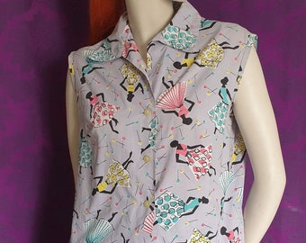 Vintage 1950s Novelty Print Cotton Blouse - Fashion figures and Sewing Pins