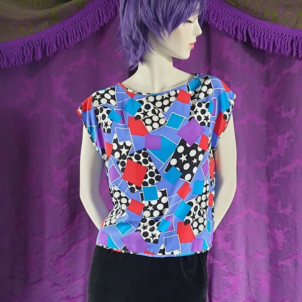 Snazzy Stars and Spots 80s Does Deco Silk Blouse