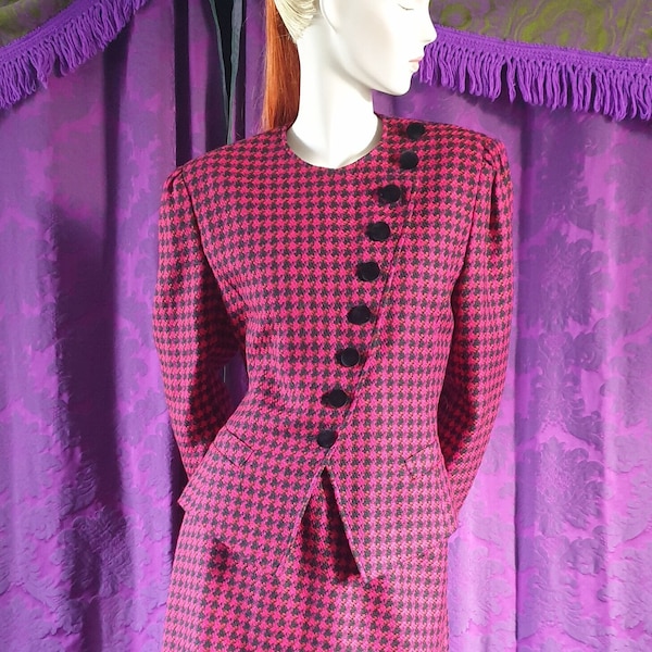 Magenta Dogtooth Wool 90s Power Suit by Windsmoor