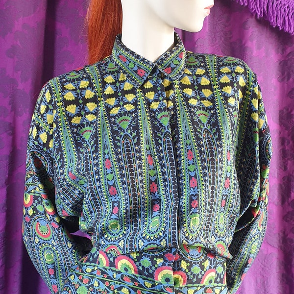 Norma Kamali Vintage 1980s Neo Victorian Lotus Flower Motif Batwing Belted Blouse