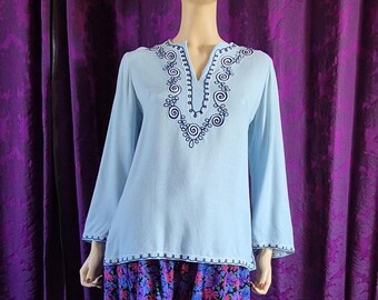 Vintage Pale Blue Boho Embroidered Tunic Top