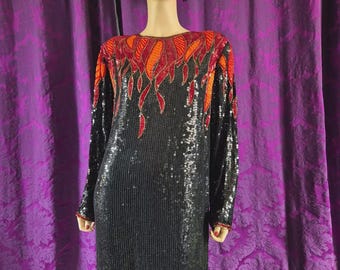 Vintage 1980s Hilary Floyd Sequin Flames Evening Dress