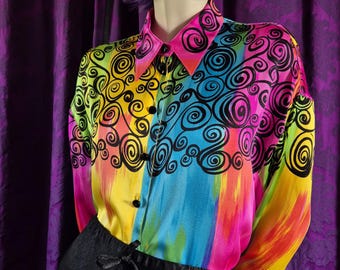 ESCADA Silk Blouse: Rainbow Stripe Scrollwork - Size 40/UK 12-14