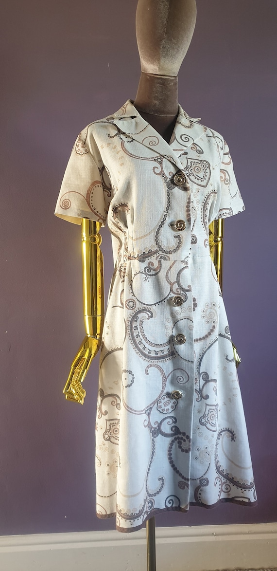 Scroll Print 1960s Day Dress with Amazing Buttons