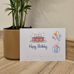 Carte imprimable joyeux anniversaire ; Jolie carte d'anniversaire imprimable ; Carte d'anniversaire avec des ballons colorés, un gâteau et un cadeau ; Téléchargement instantané,