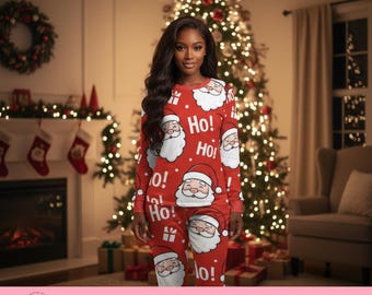 Women’s Christmas Pajama Set – 2 Piece Ho Ho Ho Santa Print Red Lounge Set  | Long Sleeve Top & Pants | Cozy Gift for Her