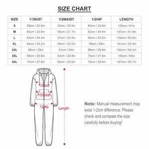 May include: Size chart for a hooded jumpsuit, with measurements in inches and centimeters. The chart includes sizes S to 4XL, detailing bust, waist, hip, and length. A diagram of the jumpsuit illustrates measurement points. A note advises checking measurements before purchase.