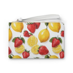 Berry Zesty Summer Wristlet Clutch - Lemon Strawberry Print Bag with Gold Zipper | Bold Fruit Purse for Weddings, Outings and Gifts