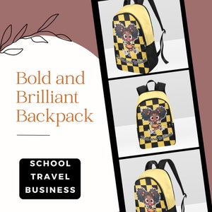 Könnte beinhalten: Ein gelber und schwarzer karierter Rucksack mit einer Cartoon-Mädchen-Illustration und dem Text "Bold and Brilliant".