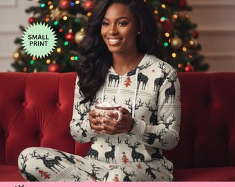 Reindeer Christmas Hooded Onesie: Women's Holiday Pajama Jumpsuit