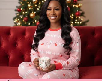 Women’s Christmas Pajama Set – 2 Piece “Ho Ho Ho” Lounge Set with Holiday Lights Print | Long Sleeve Top & Pants | Cozy Gift for Her