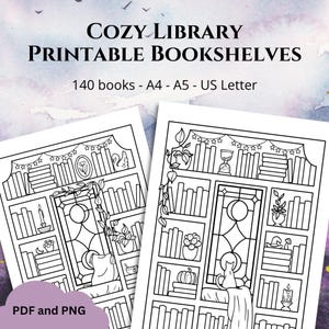 Puede incluir: Dos páginas para colorear imprimibles en blanco y negro con estanterías, 140 libros, plantas y decoración. El texto dice COZY LIBRARY PRINTABLE BOOKSHELVES, 140 books - A4 - A5 - US Letter, y PDF and PNG. Los diseños incluyen ventanas de vitrales.