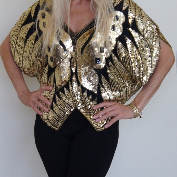 Vintage 70s Disco Silk Gold & Black Butterfly Sequin Beaded Trophy Evening Blouse Shirt dress Top
