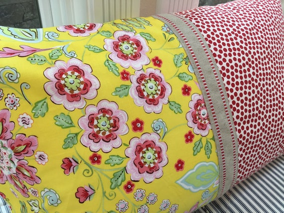 Shabby Chic Pillow 26x16 Down Feather Red Yellow Red Flowers Lumbar Loft Bedroom Child S Room