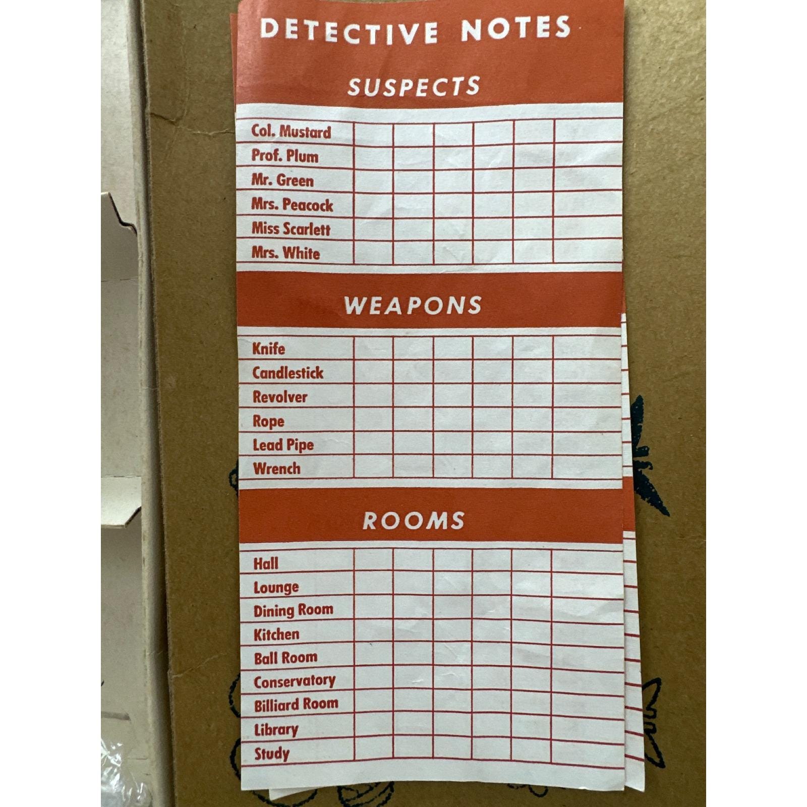 Weapon Note Picture Vintage Detective Game Notes Sheet Suspects Weapons Rooms Game ...