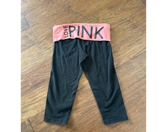 Victoria's Secret PINK Yoga Crop Capri Leggings Black Coral Foldover Waist Small