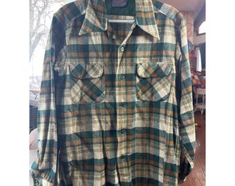 Pendleton Wolle kariertes Langarm-Button-Up-Shirt Grün Tan Braun Größe Medium