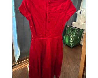 Vintage Red Velvet Button Front A-Line Dress Short Sleeve Party Cocktail small