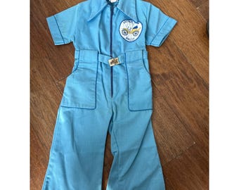 Vintage 2T Blue Zip Up Jumpsuit Romper Antique Car Rally Belt Buckle NOS NEW