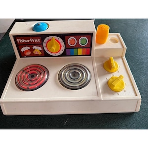 Vintage 1978 Fisher-Price köksspis 919 leksaksbrännarenhet med klickknappar