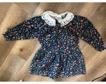Vintage OshKosh Bgosh 4T Floral Corduroy Dress Embroidered Collar Made in USA