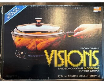 Visions by Corning Amber Glass 9" Covered Chicken Fryer Skillet V-12 New In Box