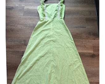Vintage Montgomery Ward Lime Green Gingham Ruffle Lace Maxi Dress Size 8 B