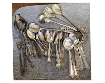 Vintage Mixed Silver Plated Flatware Lot Ornate Spoons Forks Mismatched 20+ Pcs